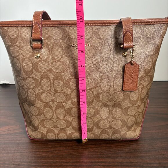Coach Brown Signature Logo Coated Canvas Shoulder Bag F34603 ZipTop Tote - Picture 7 of 12